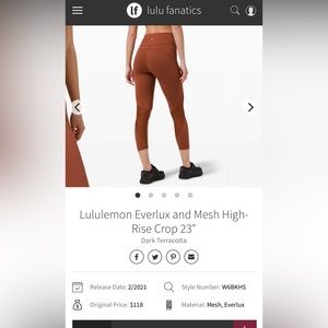 Lululemon Everlux and Mesh HR Crop 23”, Dark Terracotta, sz2